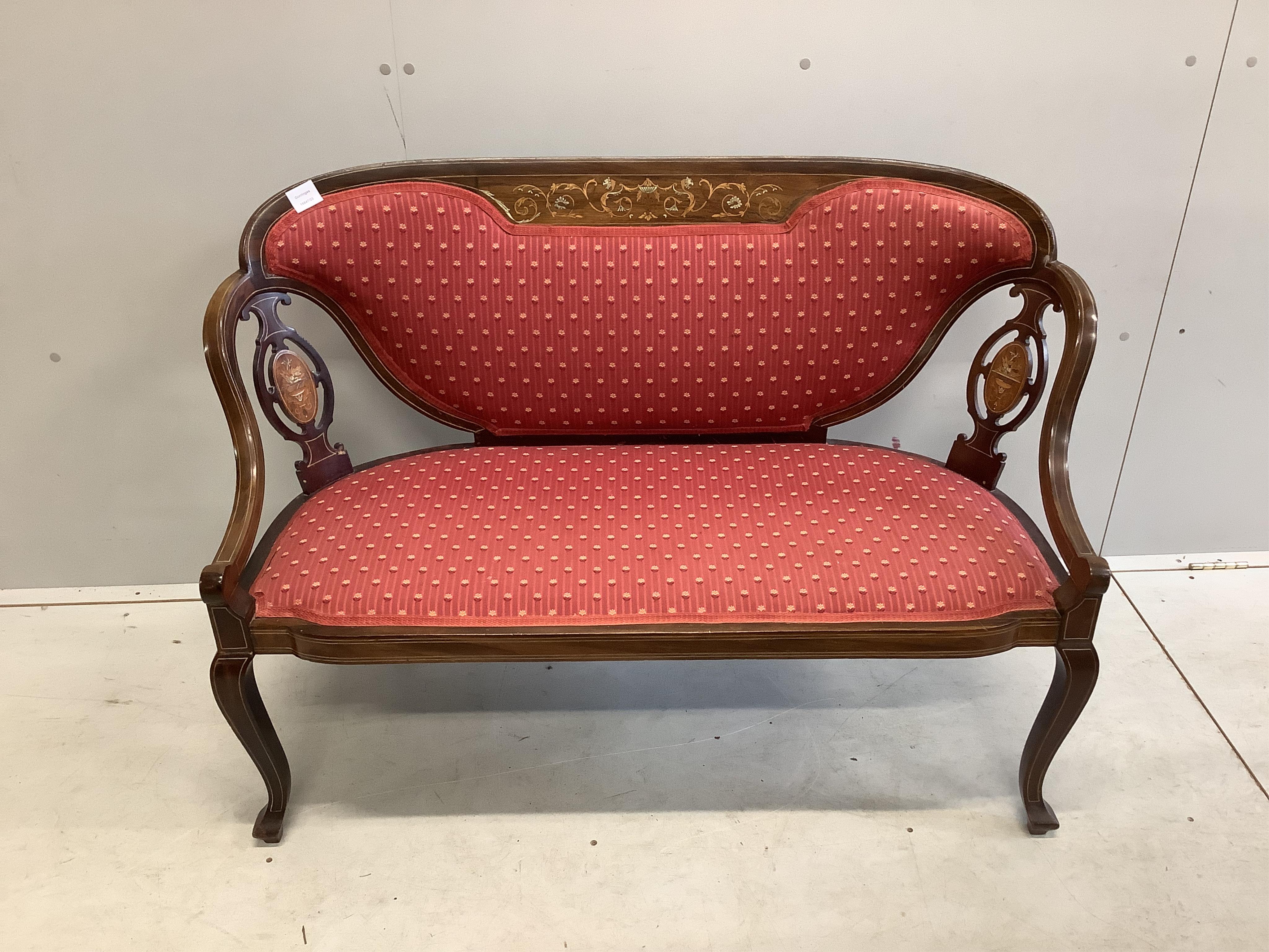 A late Victorian marquetry inlaid mahogany salon sofa, width 117cm, depth 46cm, height 79cm. Condition - fair CITES Submission reference NN6DUT8U